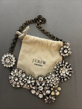 J. Crew Factory Clear Crystal Cluster Statement Necklace with Antique-Gold Chain